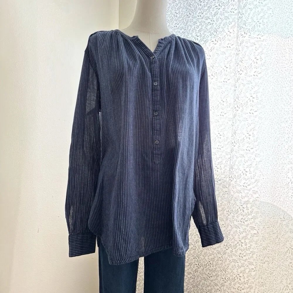 Old Navy Tunic Blouse Womens L Navy White Stripe 100% Cotton Button Front